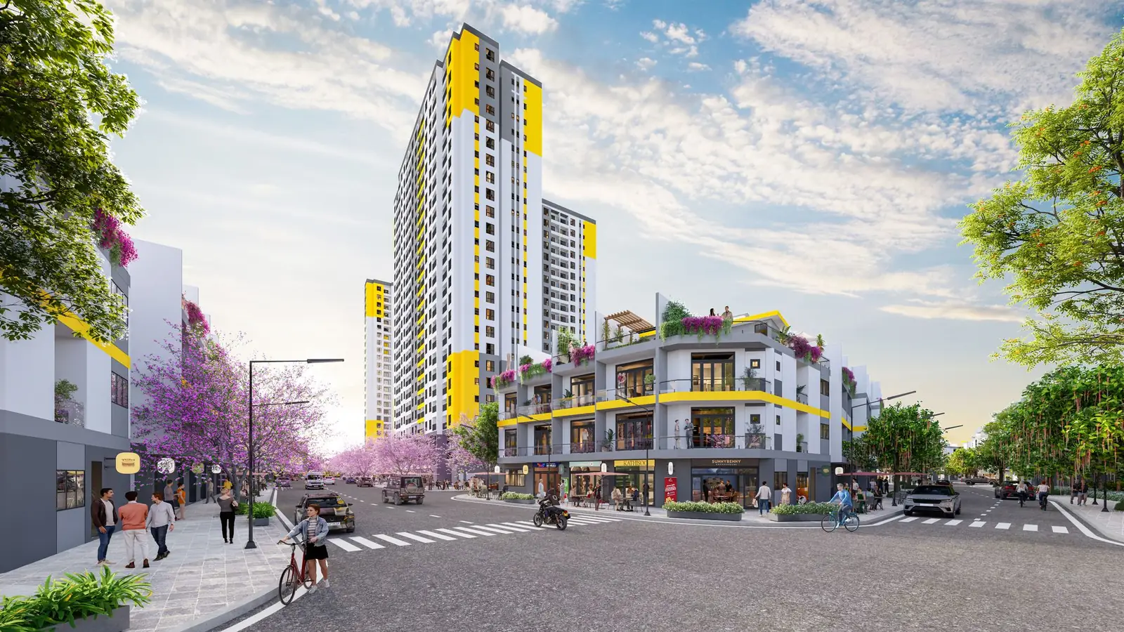 Phối cảnh khu đô thị Bcons City Life với nhà phố, căn hộ và đại lộ xanh